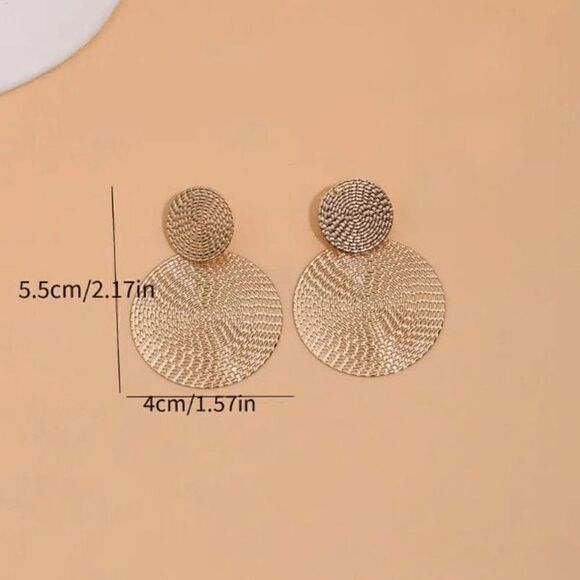 GOLD TEXTURED ROUND GEOMETRIC DANGLE EARRINGS - Picture 5 of 5